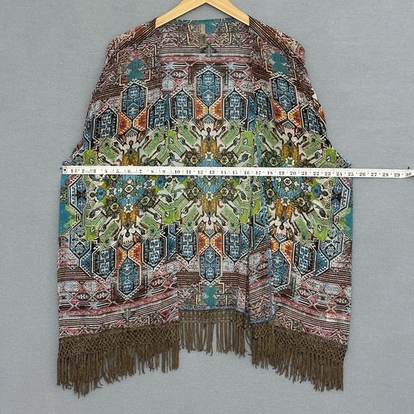 Entro Womens Top M Colorful Kimono Open Fringe Boho Hippie Tribal Aztec Cowgirl - Picture 11 of 16
